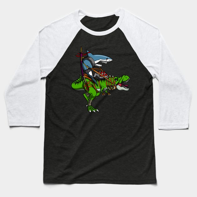 Shark Ninja Riding T-Rex Dinosaur Baseball T-Shirt by underheaven